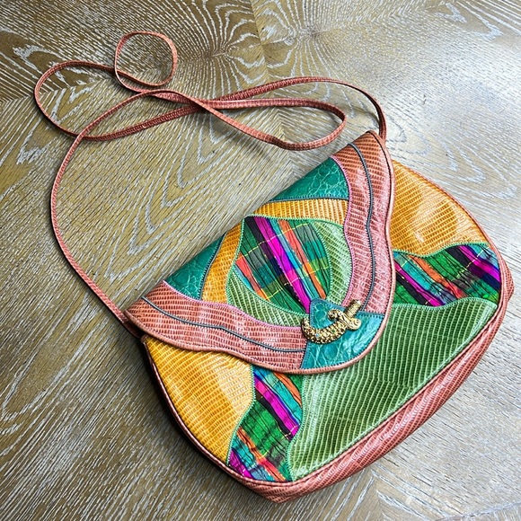 Sharif Handbags - SHARIF Vintage Exotic Leather & Silk Handbag With Scimitar Motif, 1980's Bag